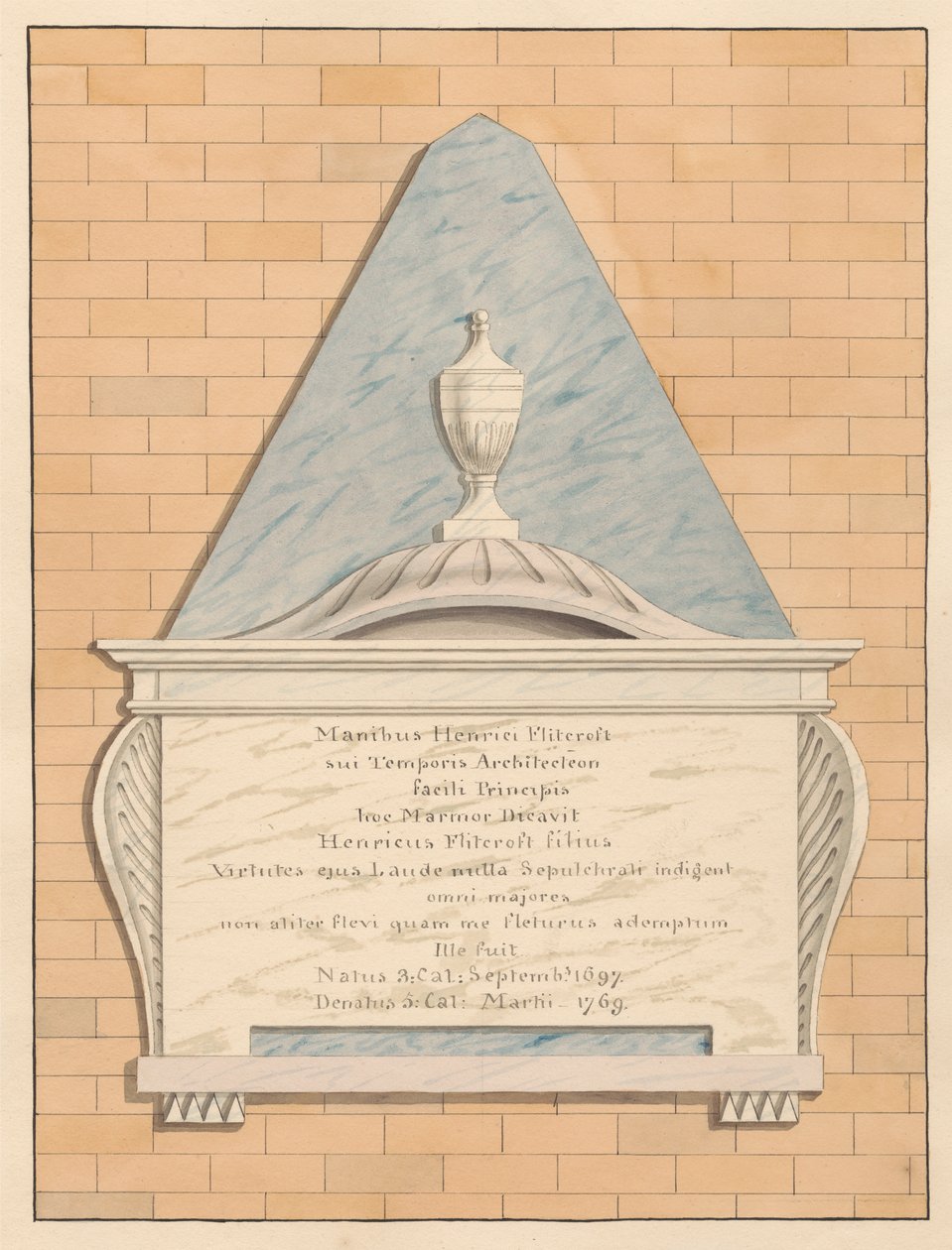 Memorial a Henry Flitcroft da Igreja de Teddington de Daniel Lysons