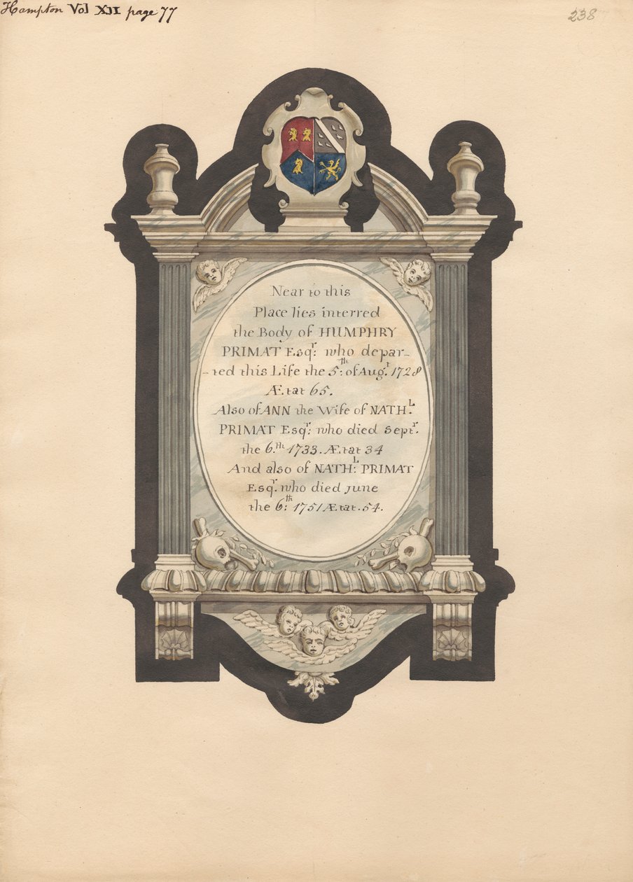 Memorial a Humphry Primat, Nathaniel e Ann Primat da Igreja de Hampton de Daniel Lysons