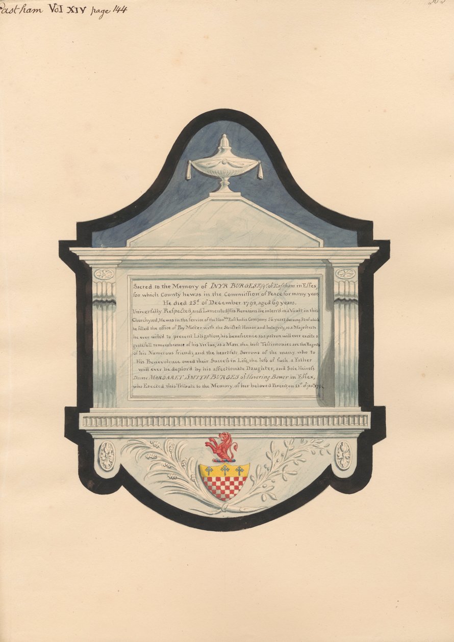 Memorial a Inyr Burgess, da Igreja East Ham de Daniel Lysons