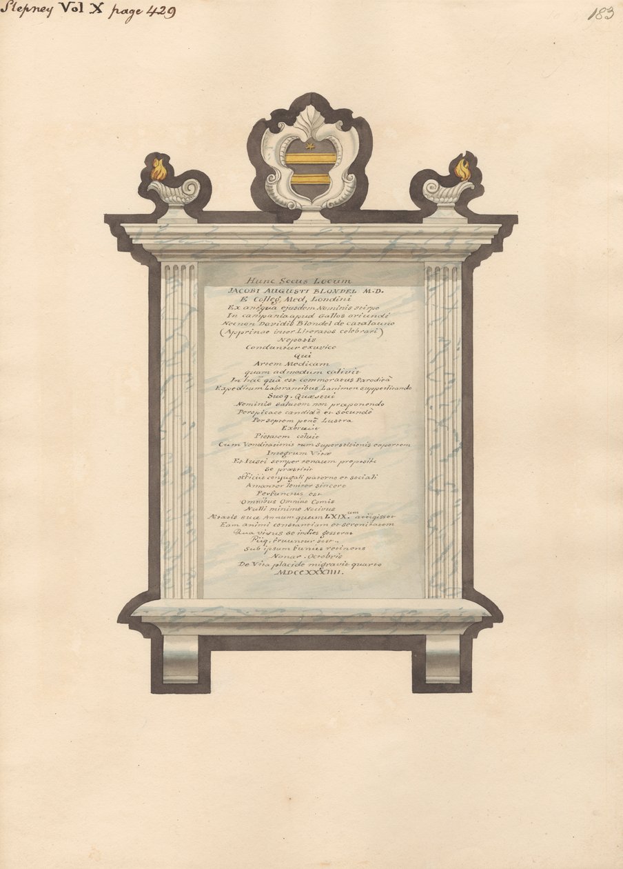 Memorial a Jacob Augustus Blondel da Igreja de Stepney de Daniel Lysons