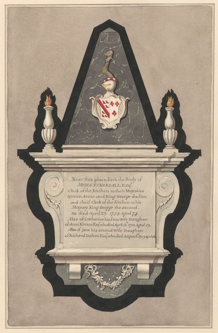 Memorial a James Eckersall e à sua esposa Catherine e à sua segunda esposa Catherine e à sua segunda esposa Jane da Igreja Drayton de Daniel Lysons