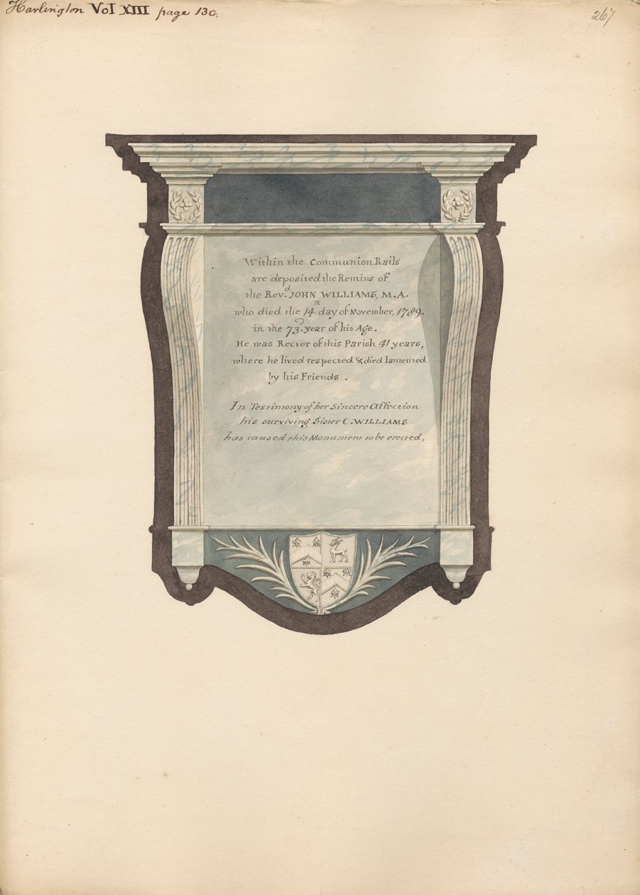 Memorial a John William da Igreja de Harlington de Daniel Lysons