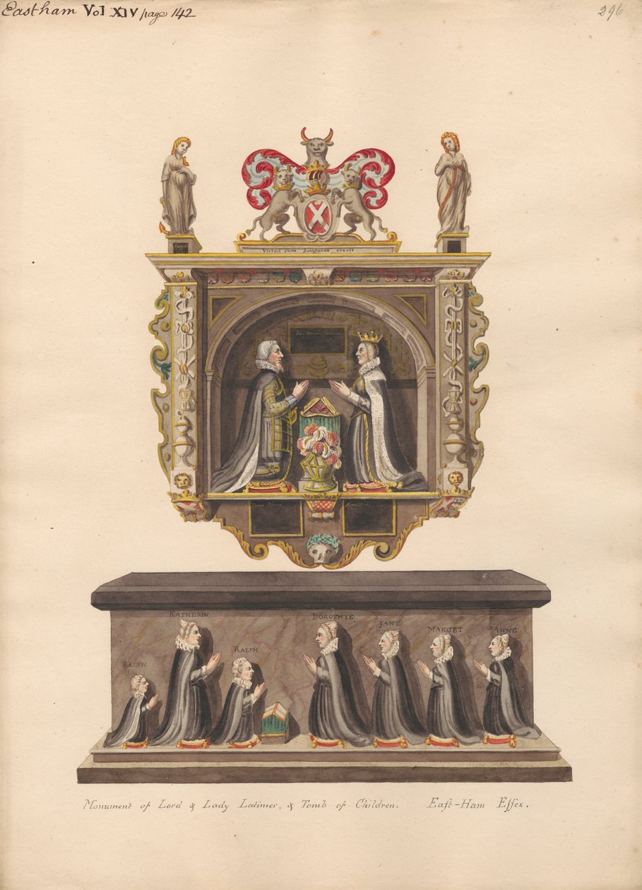 Memorial ao Senhor e Senhora Latimer e Túmulo das crianças Ralph, Katherin, Ralph, Dorothye, Jane, Margaret e Anne da Igreja East Ham de Daniel Lysons