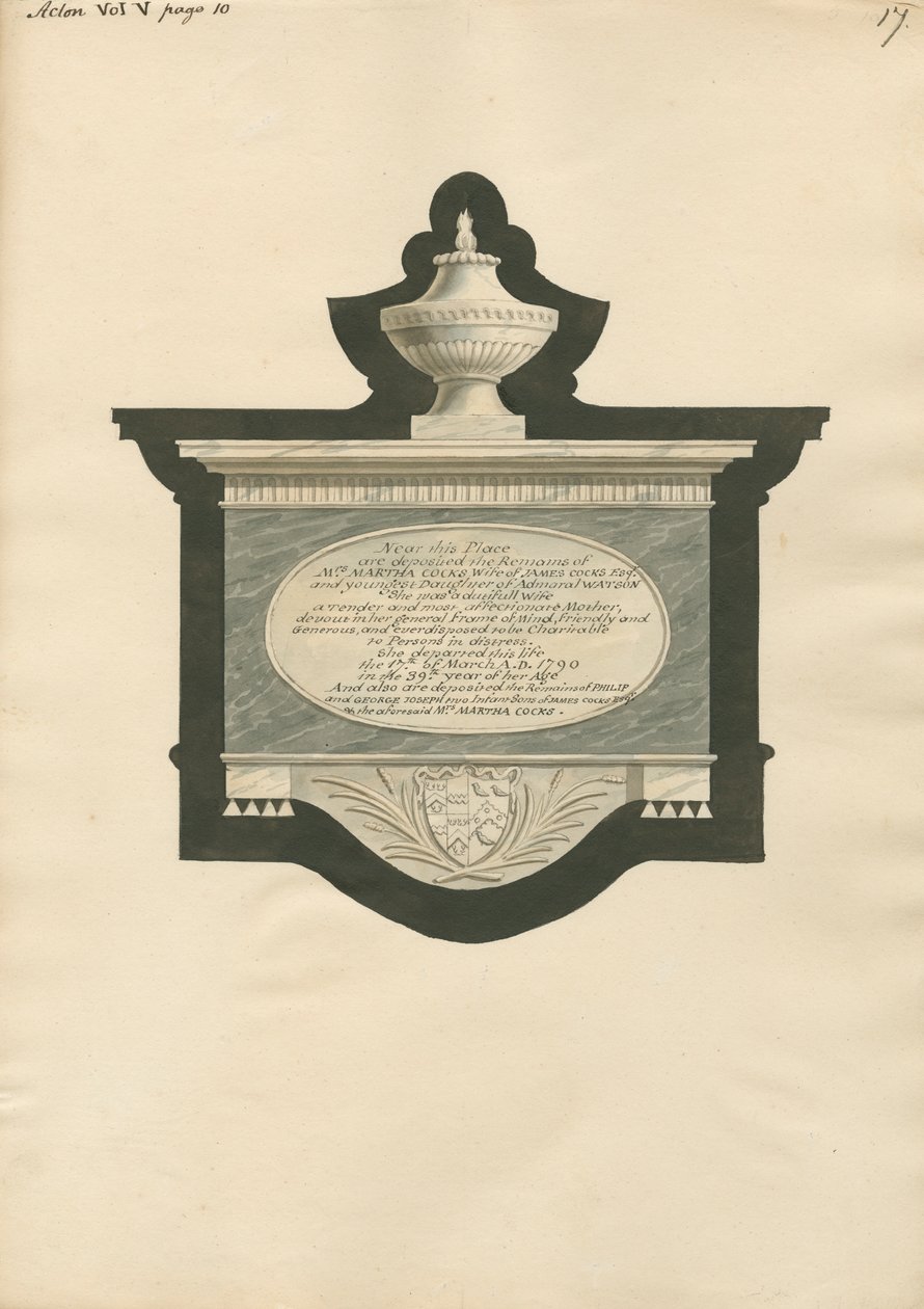 Memorial a Martha, Philip e George Joseph Cocks da Igreja Acton de Daniel Lysons