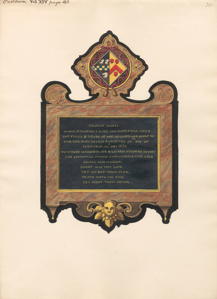 Memorial a Mary Heigham da Igreja East Ham de Daniel Lysons