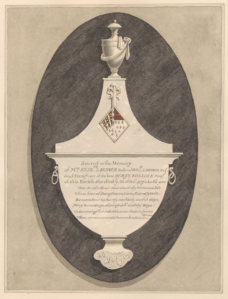 Memorial à Sra. Elizabeth Lardner, da Igreja de Stanwell de Daniel Lysons