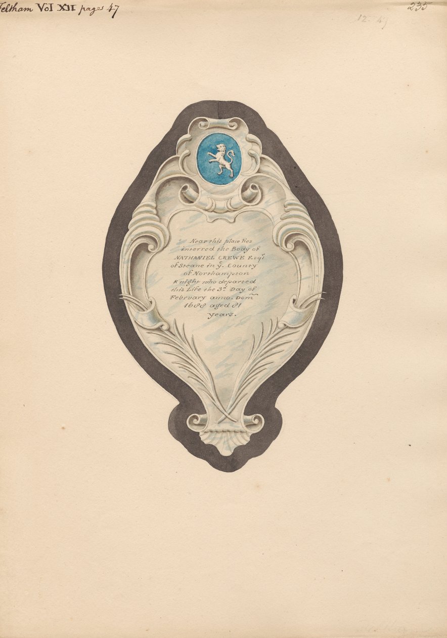 Memorial a Nathaniel Crewe da Igreja de Feltham de Daniel Lysons
