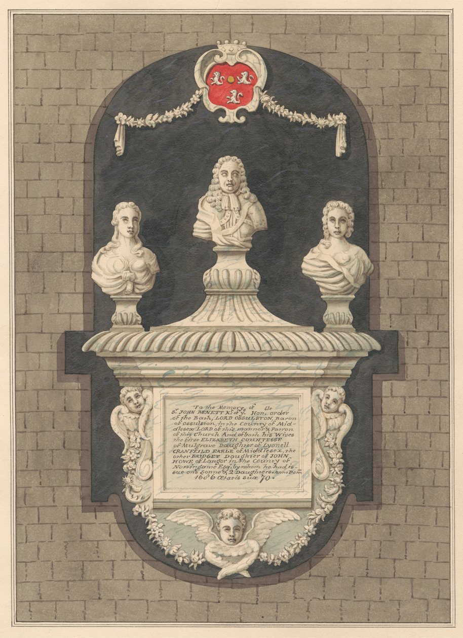 Memorial a Sir John Benett e às suas esposas Elizabeth e Bridget da Igreja de Harlington de Daniel Lysons