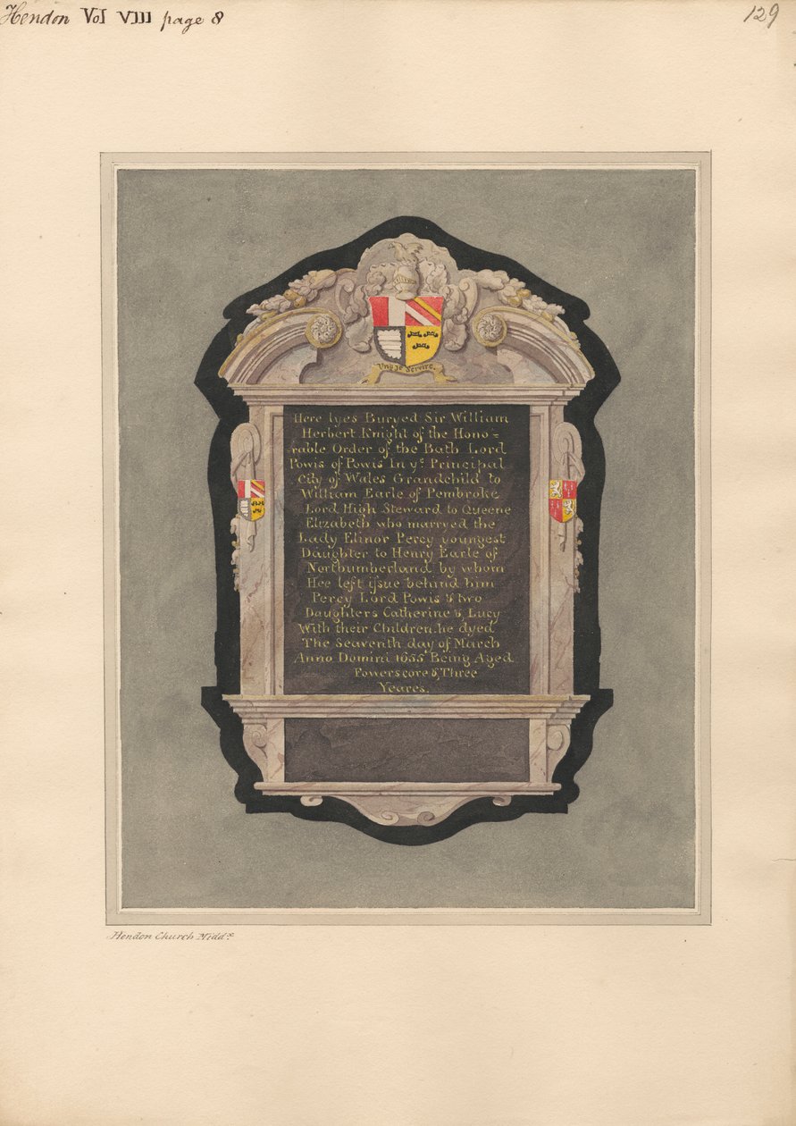 Memorial a Sir William Herbert da Igreja de Hendon de Daniel Lysons