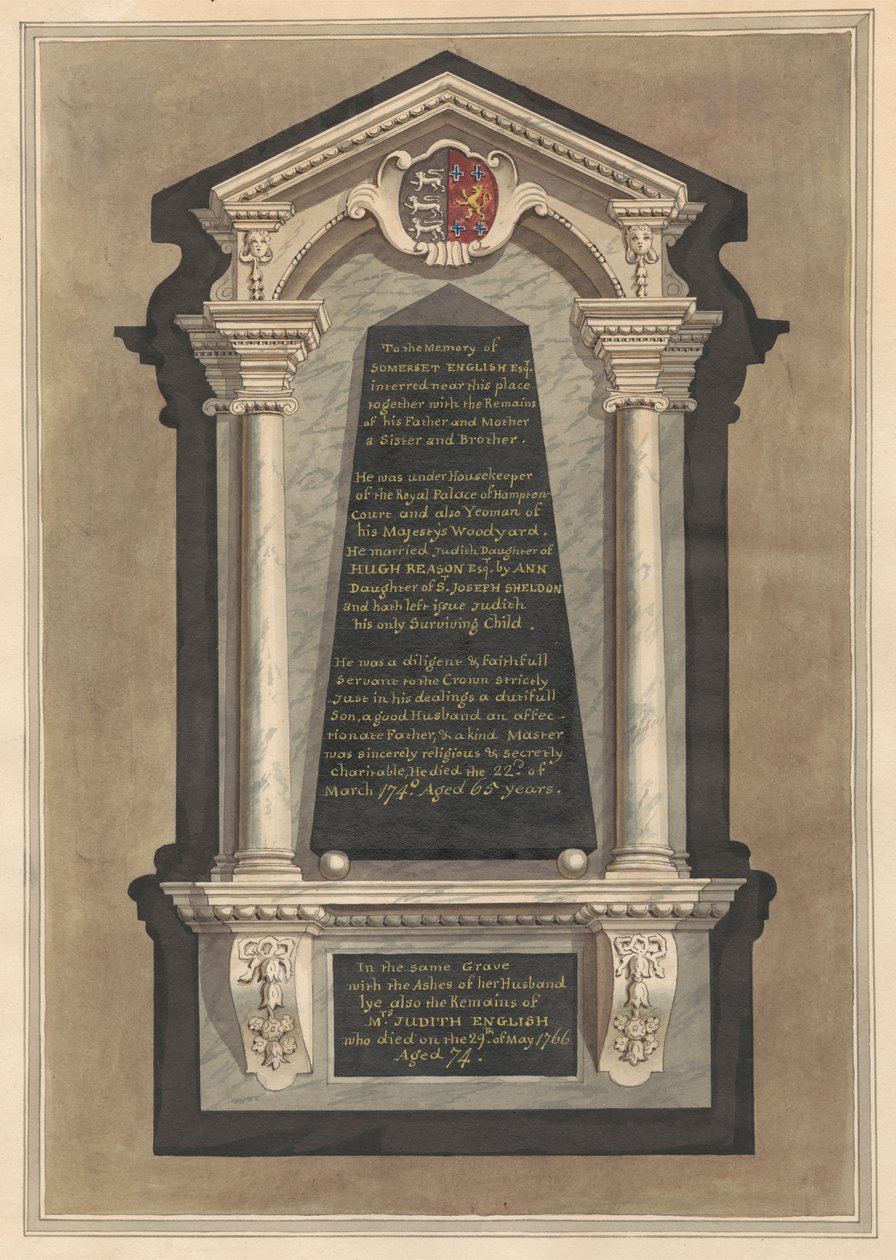 Memorial ao Somerset English, sua esposa Judith, sua mãe, seu pai, uma irmã, e um irmão da Igreja de Hampton de Daniel Lysons