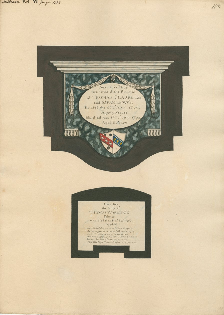 Memorial a Thomas Clarke e à esposa Sarah e Thomas Worlidge da Igreja Fulham de Daniel Lysons
