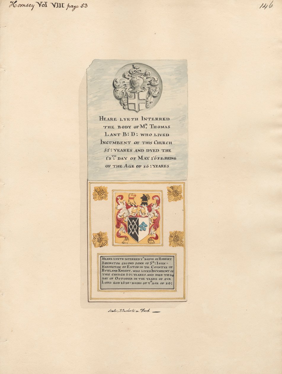 Memorial a Thomas Lant também a Robert Harington da Igreja de Hornsey de Daniel Lysons