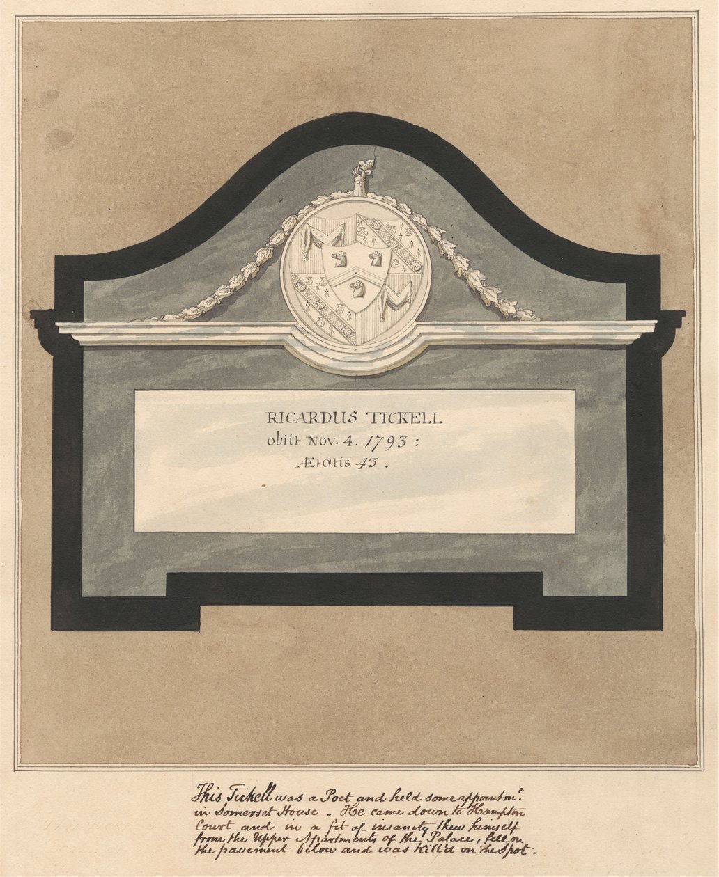 Memorial a um poeta, Richard Tickell da Igreja de Hampton de Daniel Lysons