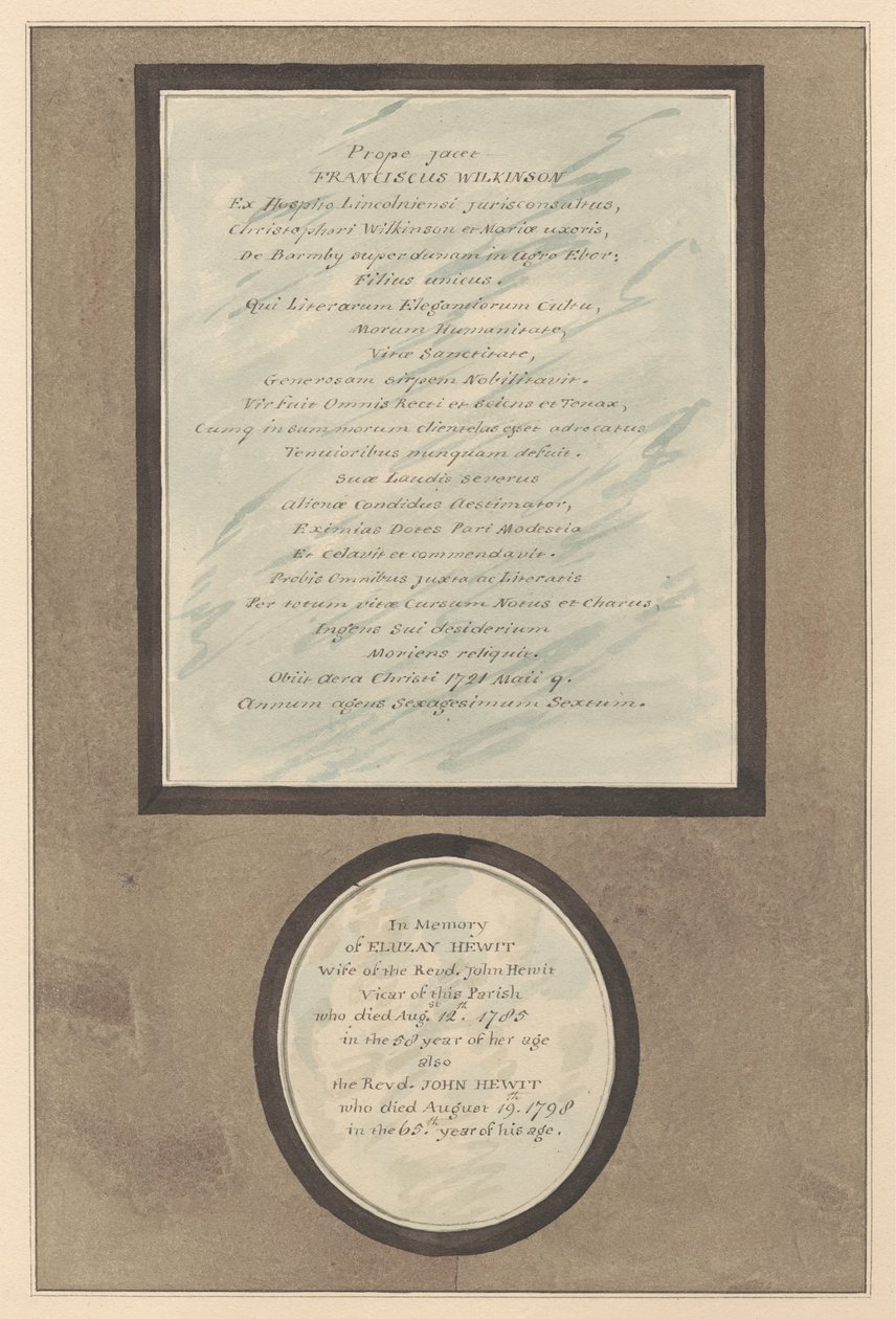 Memoriais a Francis Wilkson e John e Eluzay Hewitt da Igreja de Feltham de Daniel Lysons