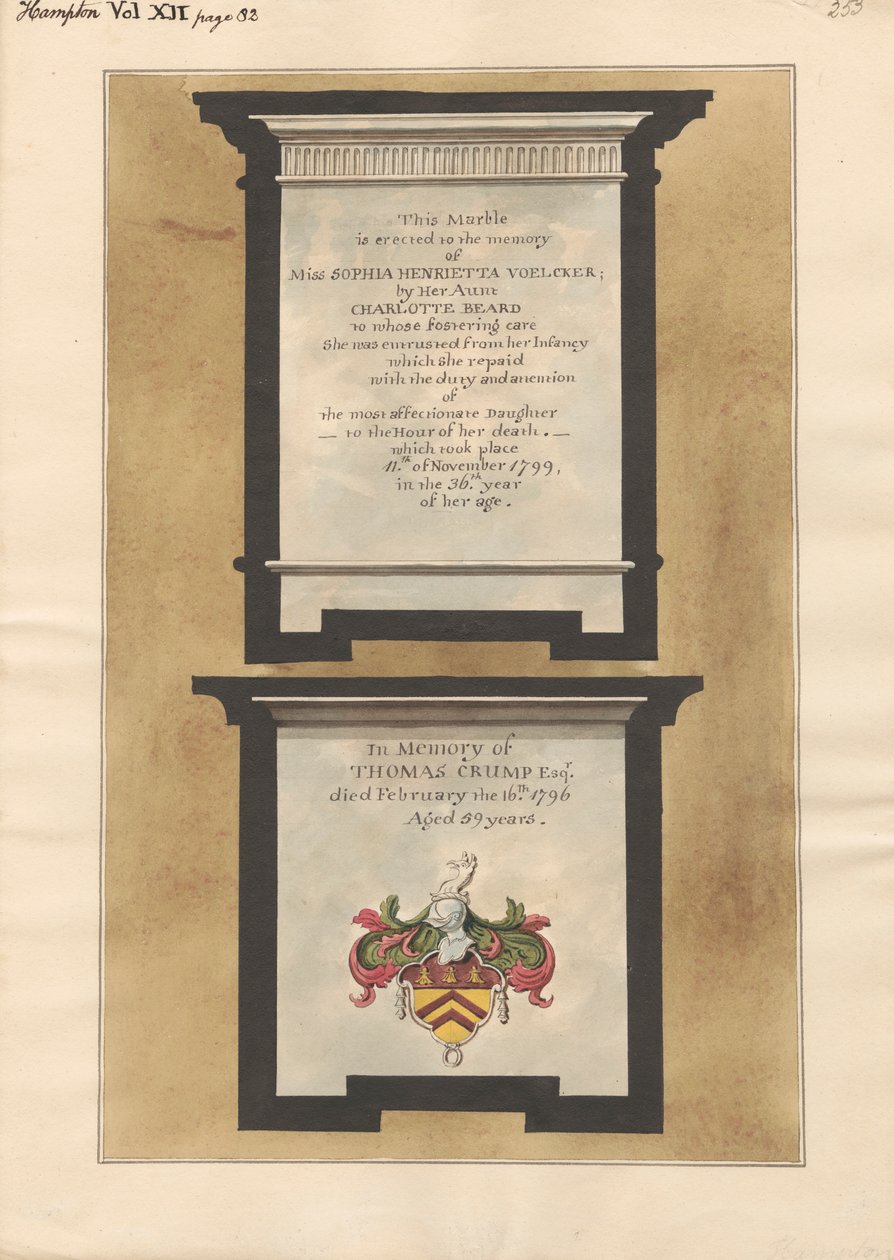 Memoriais à menina Sophia Henrietta Voelcker e Thomas Crump da Igreja Hampton de Daniel Lysons