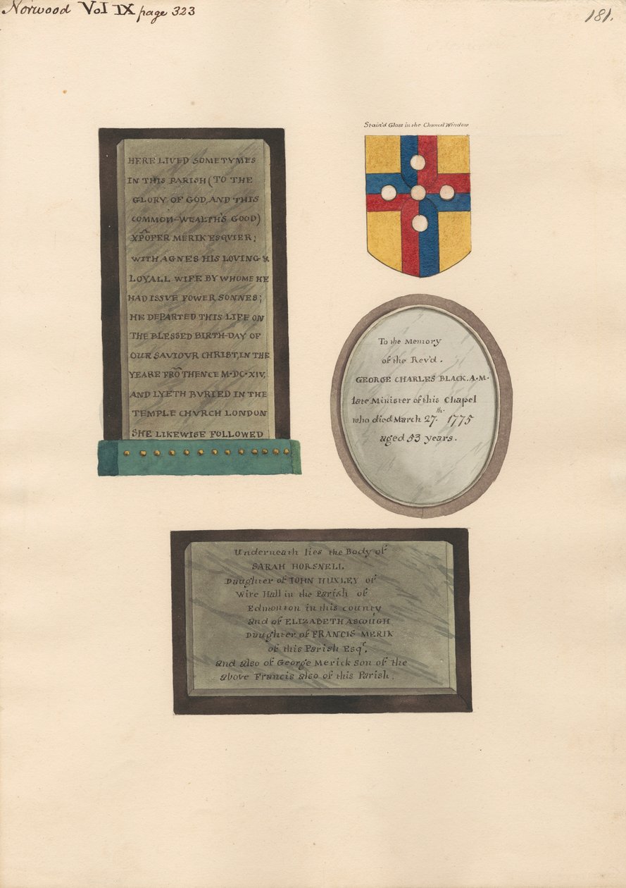Memoriais a Xpofer e Agnes Merick, George Charles Black, e Sarah Horsnell, Elizabeth Ascough, e George Merick de Daniel Lysons