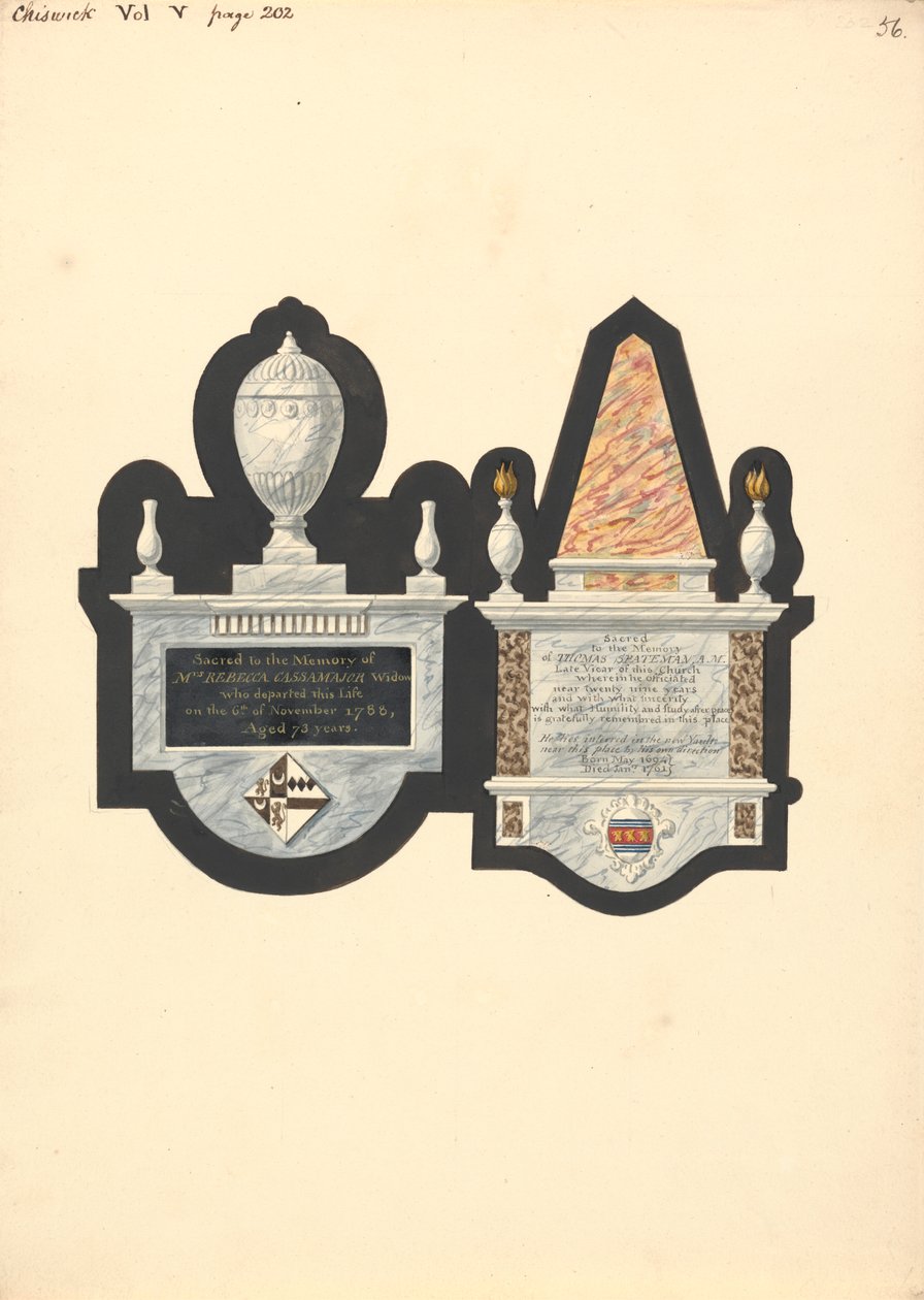 Monumentos à Sra. Rebecca Cassamajor e Thoma Spateman, Igreja de Chiswick de Daniel Lysons