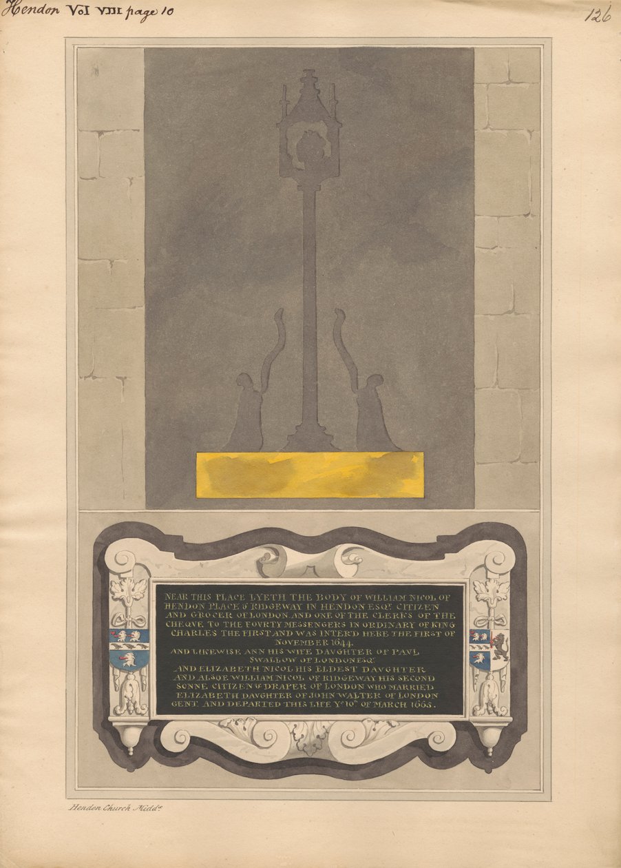 Restos de placa de latão e memorial a William Nicol e Ann sua esposa e Elizabeth sua filha e William seu Filho da Igreja de Hendon de Daniel Lysons