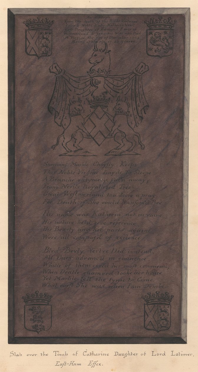 Laje sobre Túmulo de Catarina Filha de Lord Latimer da Igreja East Ham de Daniel Lysons