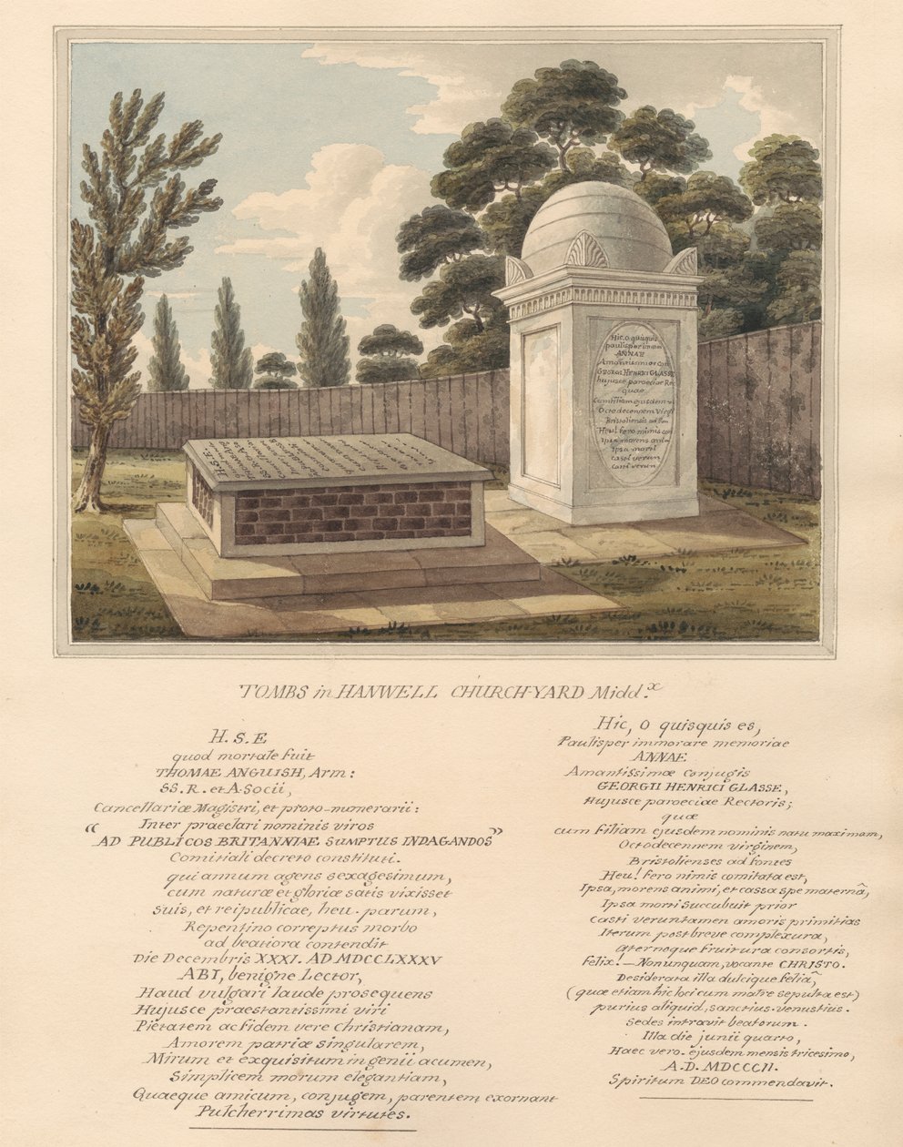 Túmulos de Thomas Anguish, e Anna Glasse, do Hanwell Churchyard de Daniel Lysons