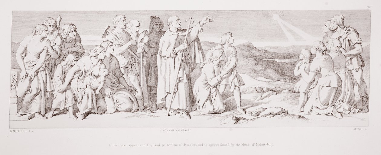 Uma estrela de fogo aparece na Inglaterra, portentosa de desastre, e é apostrofada pelo Monge de Malmesbury, de "A História da Conquista Normanda", gravada por L. Gruner, 1866 de Daniel Maclise