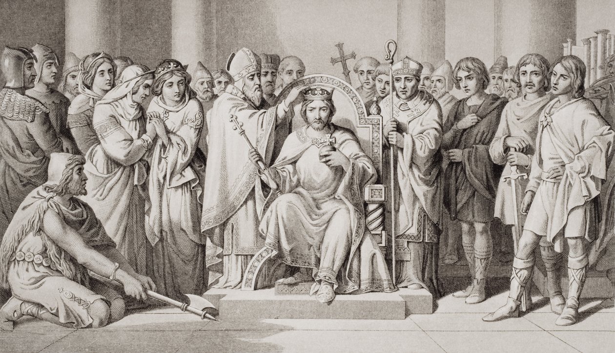 Coroação de Haroldo II (c.1022-66) Rei dos anglo-saxões em 1066 dC, de "Ilustrações da História escocesa e inglesa" volume I de Daniel Maclise