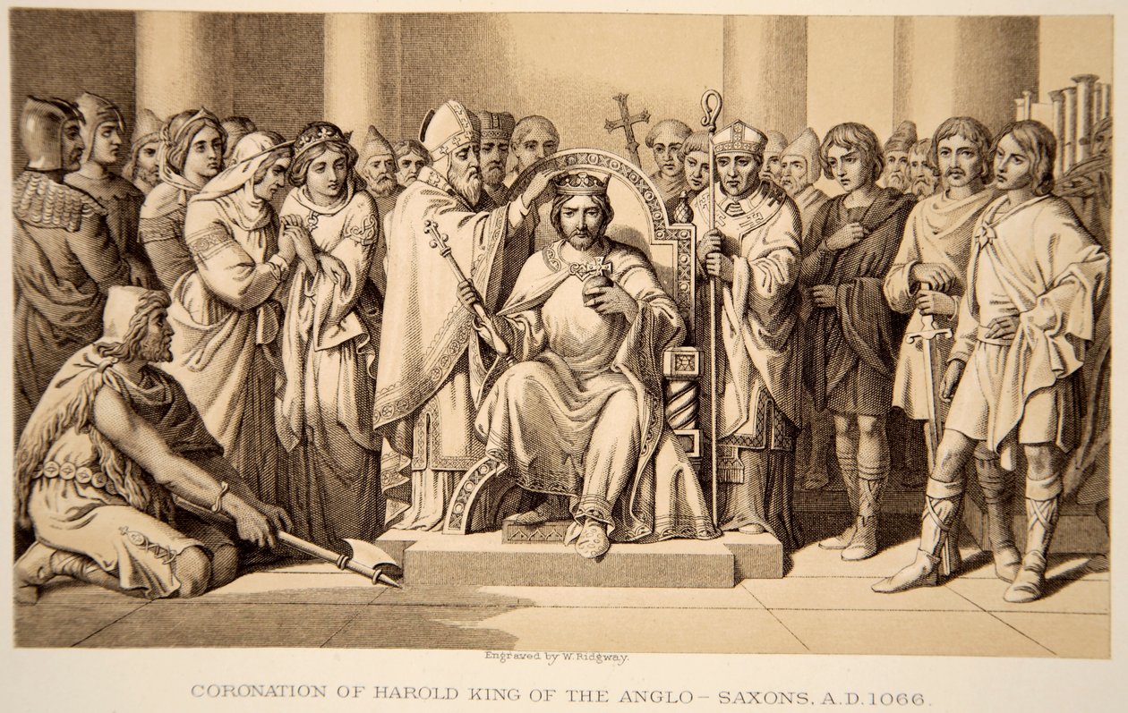 Coroação de Haroldo II em 1066, gravado por W. Ridgeway de Daniel Maclise