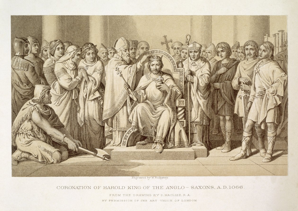 Coroação de Harold, rei dos anglo-saxões, gravado por W. Ridgeway de Daniel Maclise