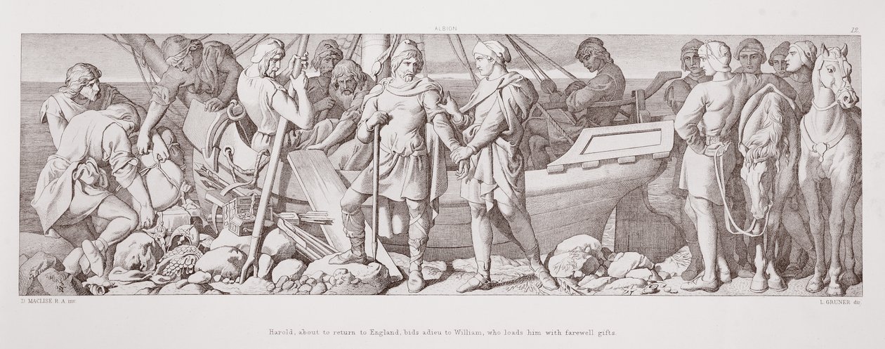 Harold, prestes a voltar para a Inglaterra, diz adeus a William, que o carrega com presentes de despedida, de "A História da Conquista Normanda", gravada por L. Gruner, 1866. de Daniel Maclise