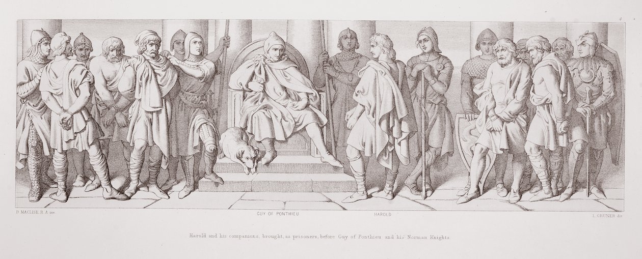 Harold e seus companheiros trouxeram, como prisioneiros, diante de Guy de Ponthieu e seus cavaleiros normandos, de "A História da Conquista Normanda", gravada por L. Gruner, 1866 de Daniel Maclise