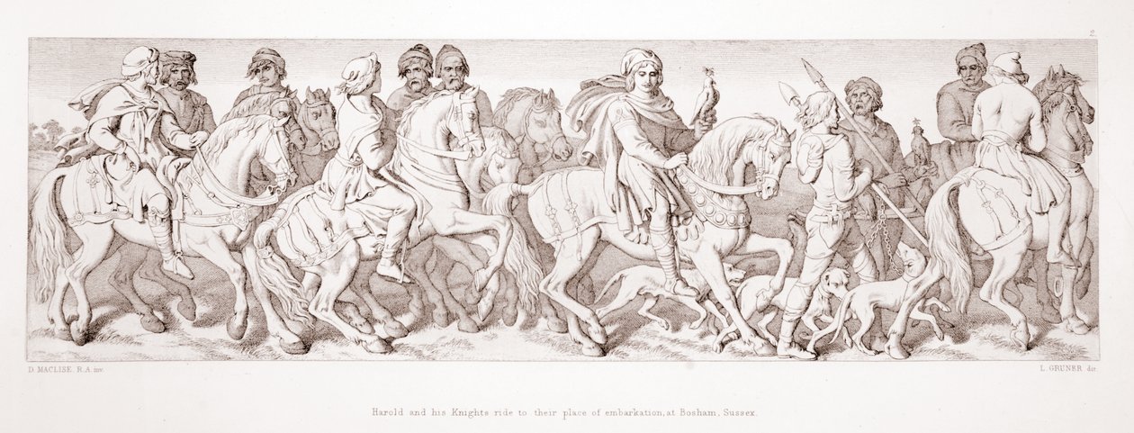 Harold e seus cavaleiros vão para o seu local de embarque, em Bosham, Sussex, de "A História da Conquista Normanda", gravada por L. Gruner, 1866 de Daniel Maclise
