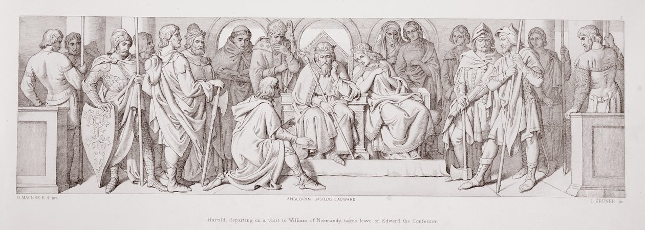 Harold, partindo em uma visita a Guilherme da Normandia, despede-se de Eduardo, o Confessor, de "A História da Conquista Normanda", gravada por L. Gruner, 1866 de Daniel Maclise