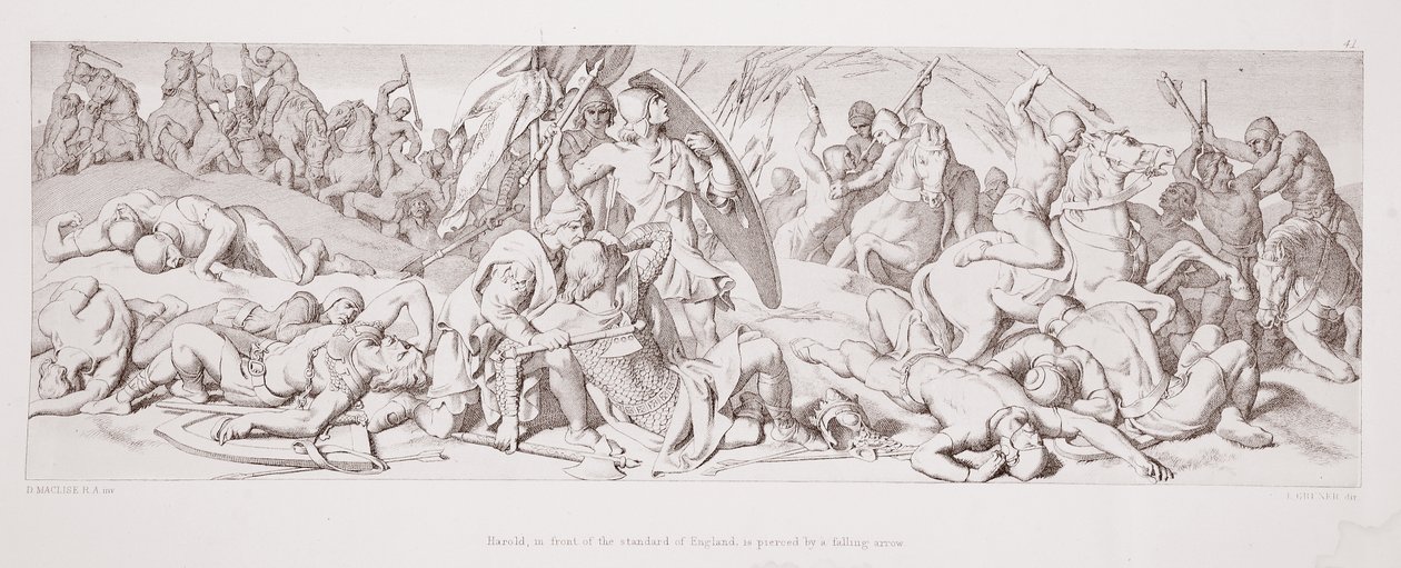 Harold, em frente ao Standard da Inglaterra, é perfurado por uma flecha caindo, de "A História da Conquista Normanda", gravada por L. Gruner, 1866 de Daniel Maclise
