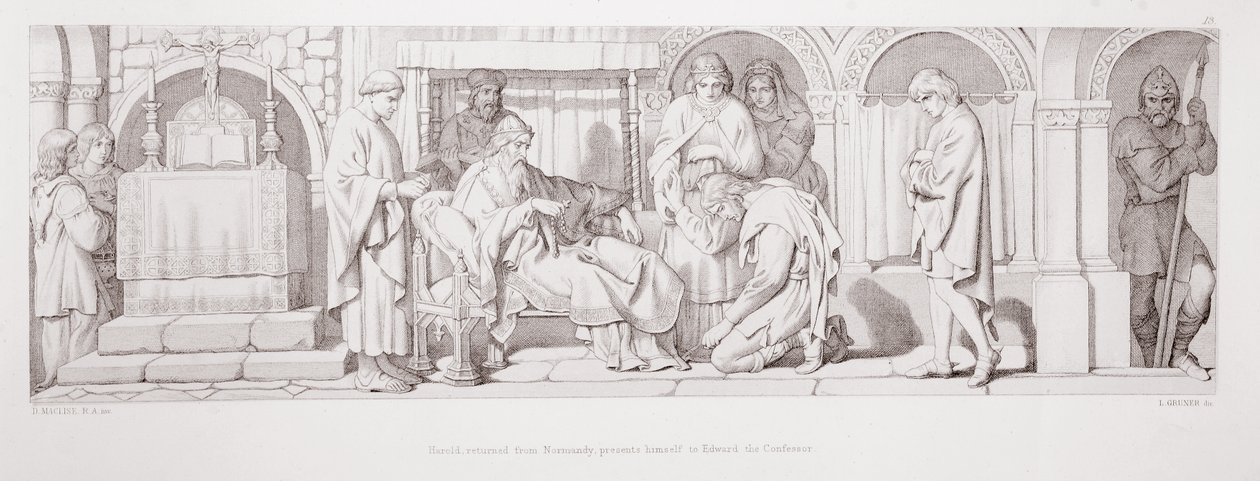 Harold, retornou da Normandia, apresenta-se a Edward, o Confessor, de "A História da Conquista Normanda", gravada por L. Gruner, 1866 de Daniel Maclise