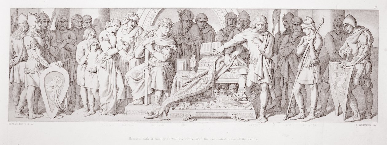 O juramento de fidelidade de Haroldo a Guilherme, jurado sobre as relíquias ocultas dos santos, de "A História da Conquista Normanda", gravada por L. Gruner, 1866 de Daniel Maclise