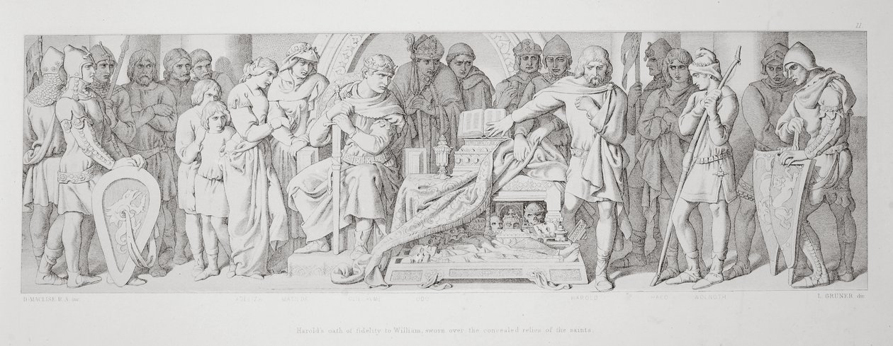 O juramento de fidelidade de Haroldo a Guilherme, jurado sobre as relíquias ocultas dos santos, de "A História da Conquista Normanda", gravado por L. Gruner, 1866 88: Harold II (c.1022-66), coroado em 1 de Daniel Maclise