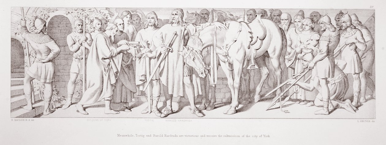 Enquanto isso, Tostig e Harold Hardrada são vitoriosos e recebem a apresentação da cidade de York, de "A História da Conquista Normanda", gravada por L. Gruner, 1866 de Daniel Maclise