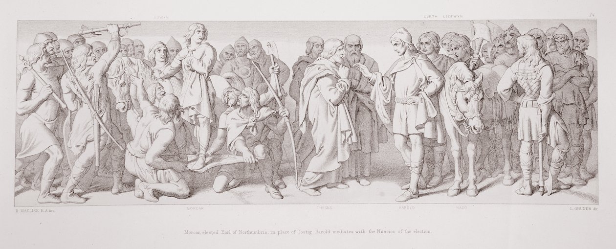 Morcar, eleito conde de Northumbria, no lugar de Tostig, Harold media com os nuncois da eleição, de "A história da conquista normanda", gravada por L. Gruner, 1866 de Daniel Maclise