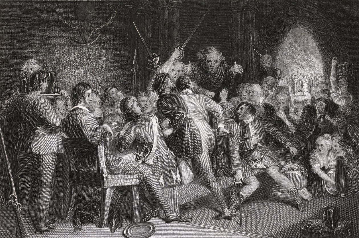 O Salão de Glennaquoich - uma Festa das Terras Altas, gravada por P. Lightfoot, de &39;Waverly&39; por Sir Walter Scott (1771-1832) de Daniel Maclise