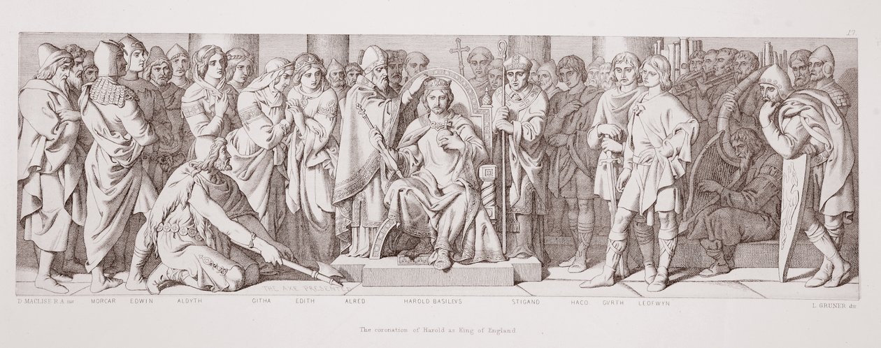 A coroação de Harold como rei da Inglaterra, de "A história da conquista normanda", gravada por L. Gruner, 1866 de Daniel Maclise