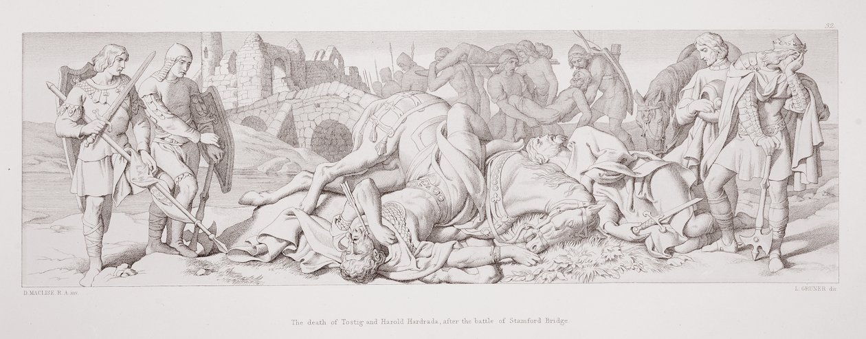 A morte de Tostig e Harold Hardrada após a Batalha de Stamford Bridge, de "A História da Conquista Normanda", gravada por L. Gruner, 1866 de Daniel Maclise
