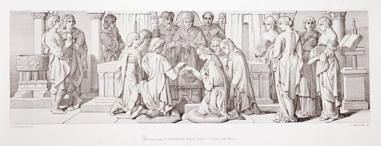 O casamento de Harold com Aldyth, irmã de Edwin e Morcar, de "A História da Conquista Normanda", gravada por L. Gruner, 1866 de Daniel Maclise
