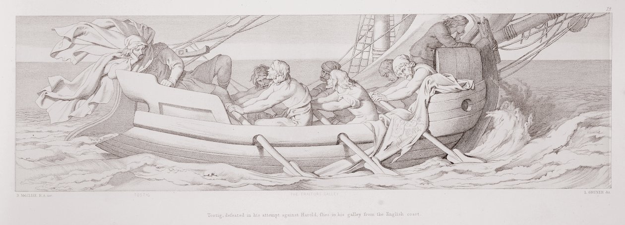 Tostig, derrotado em sua tentativa contra Harold, voa em sua cozinha da costa inglesa, de "A história da conquista normanda", gravada por L. Gruner, 1866 de Daniel Maclise