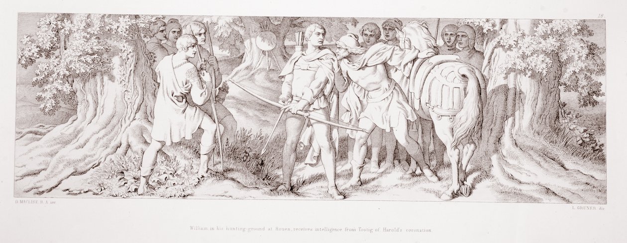 William, em seu campo de caça em Rouen, recebe informações de Tostig da coroação de Harold, de "A História da Conquista Normanda", gravada por L. Gruner, 1866 de Daniel Maclise