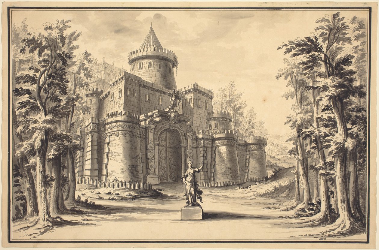 Um cenário com uma estátua e um palácio de Daniel Marot the Younger