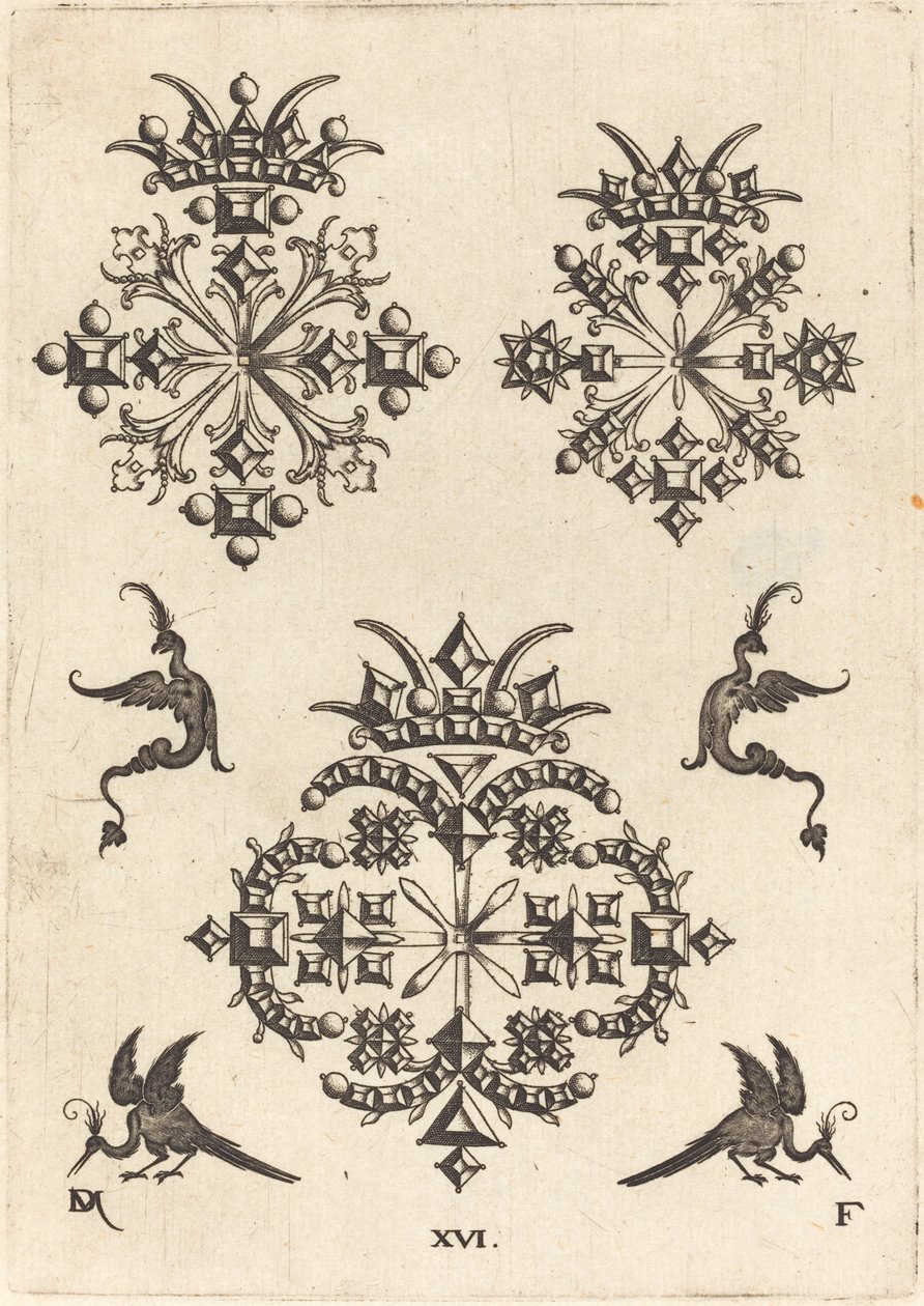 Três broches com pássaros de fantasia à esquerda, à direita e em baixo de Daniel Mignot