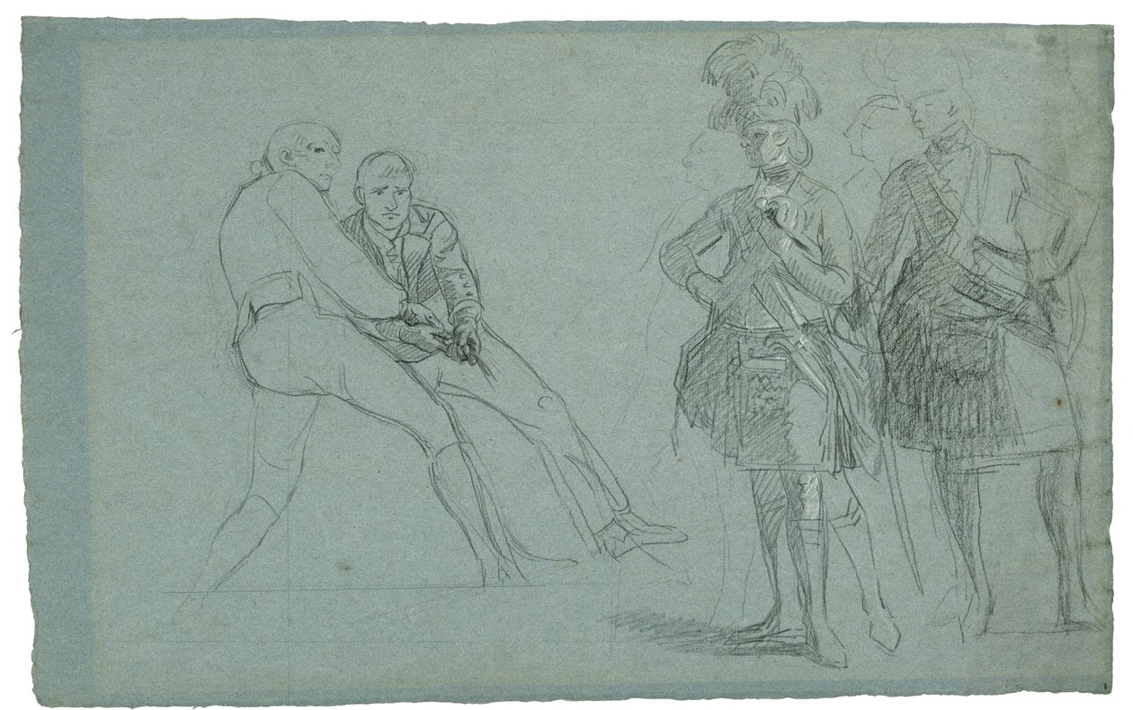 Estudo para o Cerco de Gibraltar (Estudo do Tenente Coronel Lindsay e Figuras Puxando em Corda), c. 1786-1787 (grafite e giz preto e branco em papel cinza-azul) de Daniel Mytens