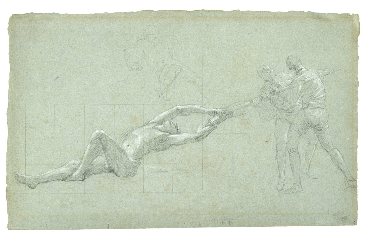 Estudo para o Cerco de Gibraltar (Estudo da Figura Resgatada e Duas Figuras Puxando um Remo), 1785-1786 (giz preto e branco em papel cinza-verde) de Daniel Mytens