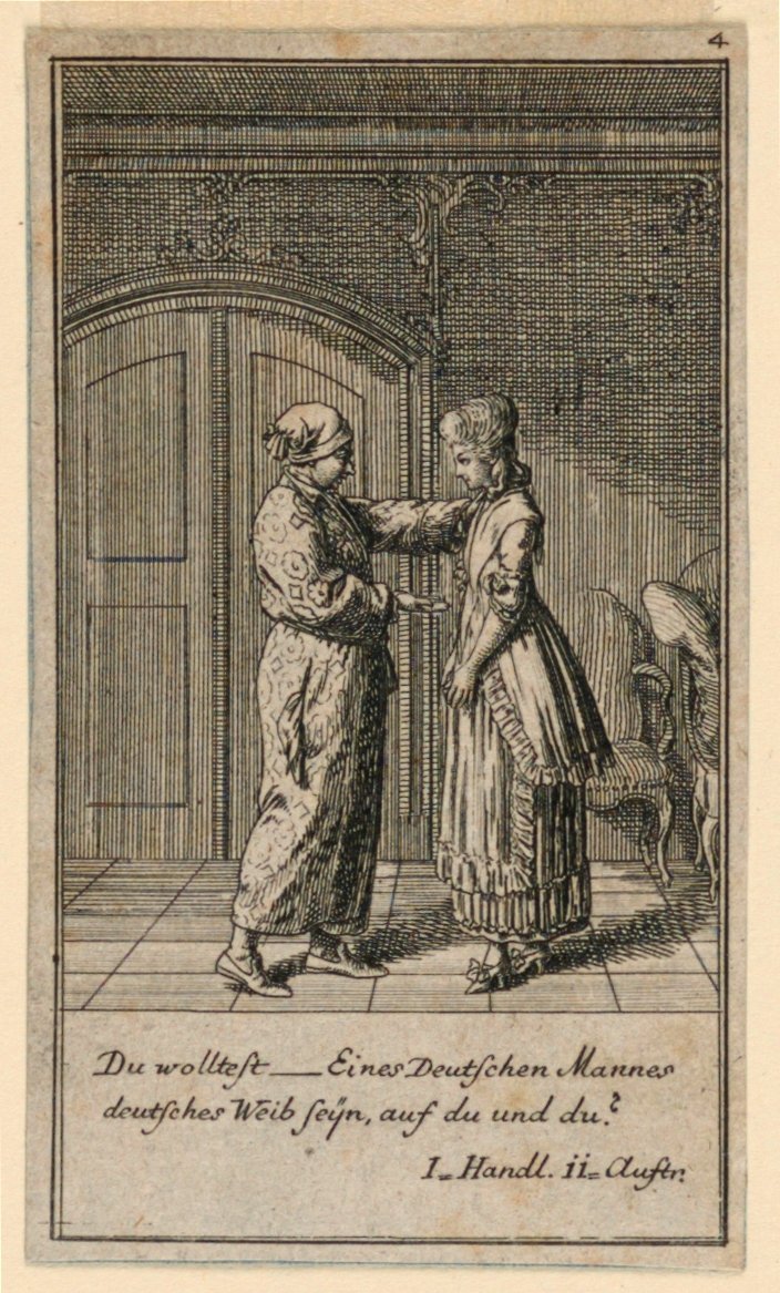 Um pai ou guardião conversando com uma garota, ilustração da peça "Não mais que sachs Schuesseln" de Fredrich Wilhelm Grossman em "Königl: Grosbrit [anian] calendário genealógico para o ano de 1782 Lauenberg por J.G. Berenberg" de Daniel Nikolaus Chodowiecki