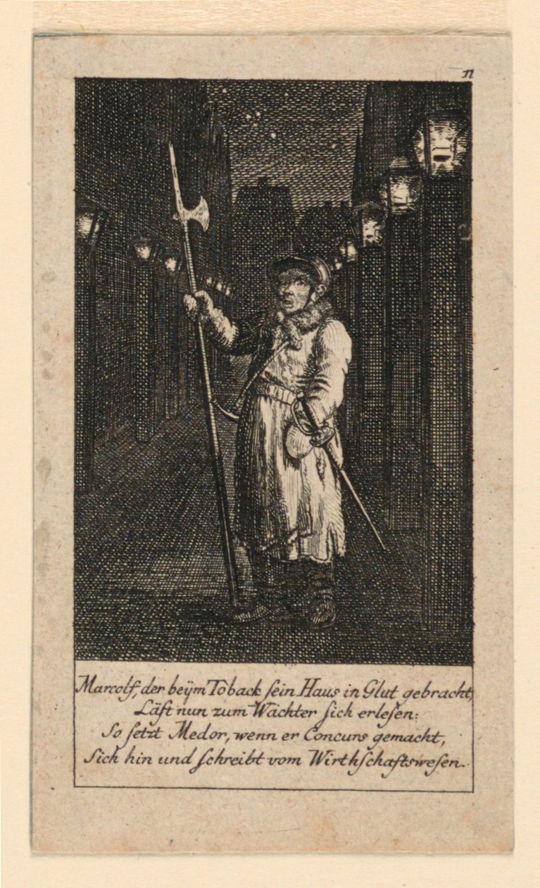 A Night Watchman, Ilustração para "Königl: Grosbrit [anische] Genealogischer Kalender auf das 1780 Jahr Lauenberg bey J.G. Berenberg" de Daniel Nikolaus Chodowiecki